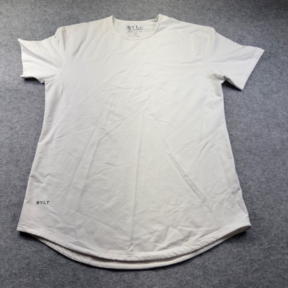 BYLT Drop Cut S/S Lux T-Shirt Mens L White Excellent Short Sleeve Curved Hem